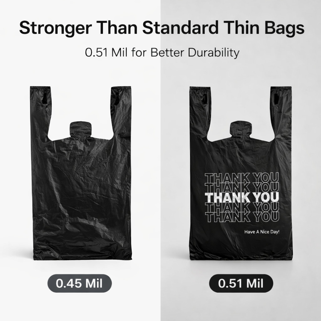 Black 1/6 Thank You T-Shirt Plastic Bags 21×6.5×11.5 0.51 Mil