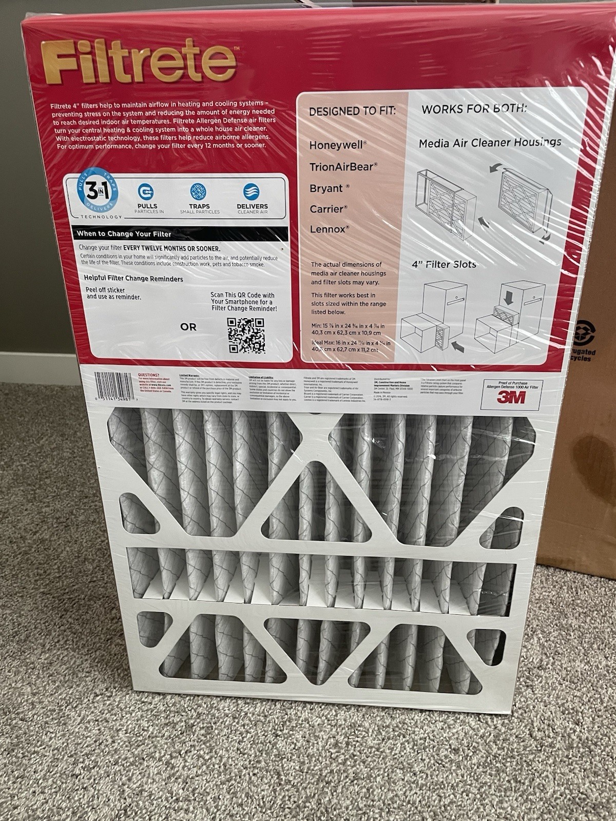 Filtrete 16x25x4 Air Filter, MPR 1000, MERV 11, Allergen 16x25x4, White