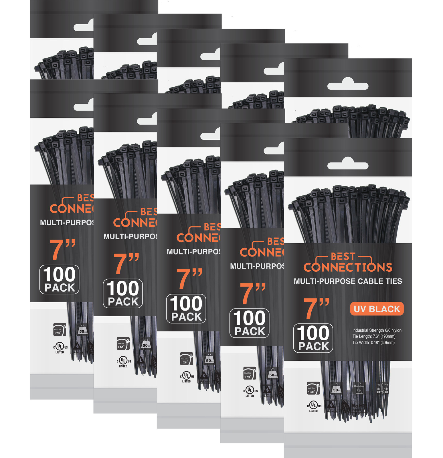 1000 Pieces 7″ Black Nylon Cable Zip Wire Ties Up to 50 Lbs (10 Packs of 100)