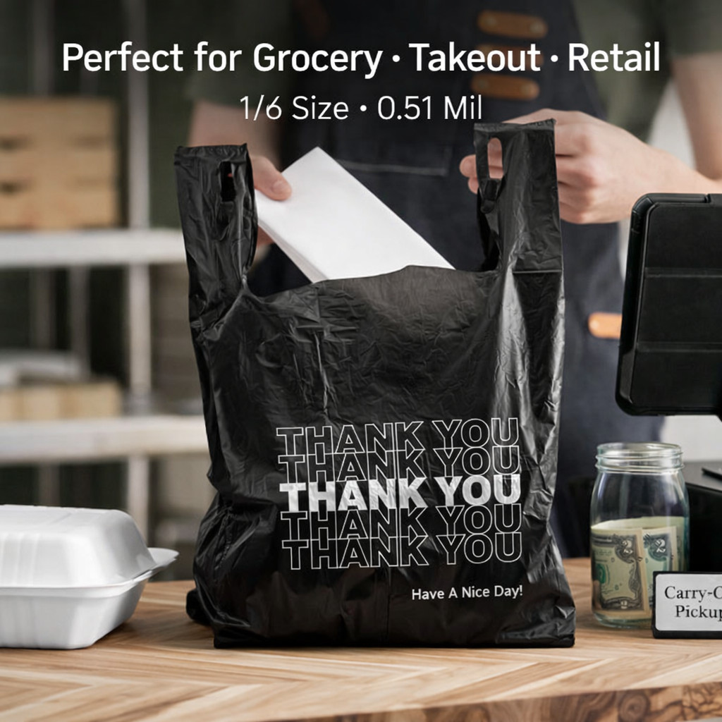Black 1/6 Thank You T-Shirt Plastic Bags 21×6.5×11.5 0.51 Mil