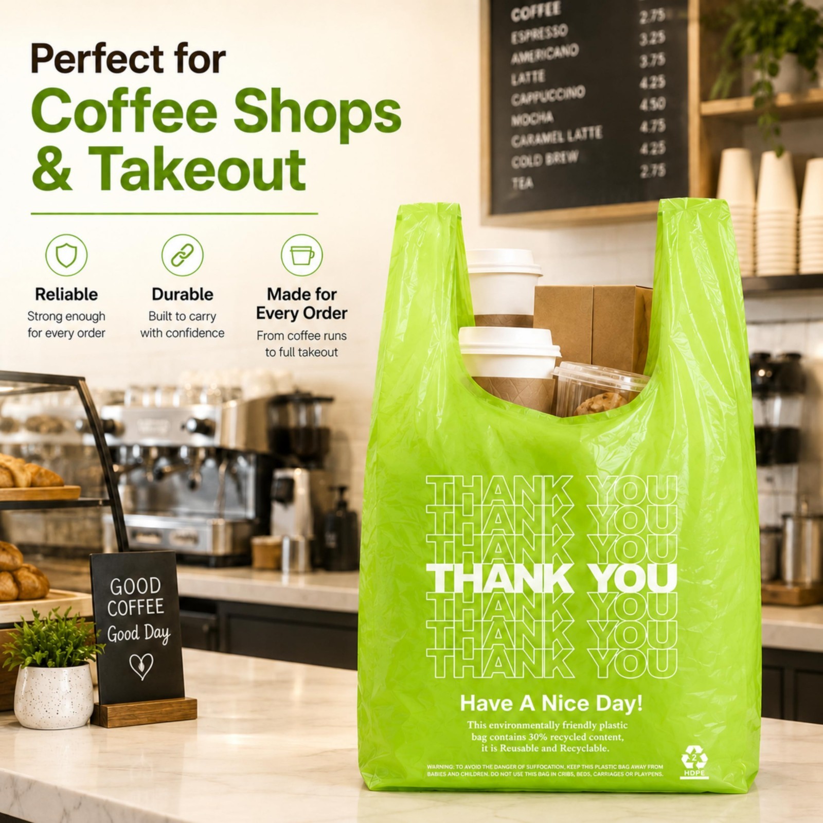 500 Count Green Plastic T-Shirt Bags 11″x6″x21″ – Grocery & Take-Out Shopping Ba