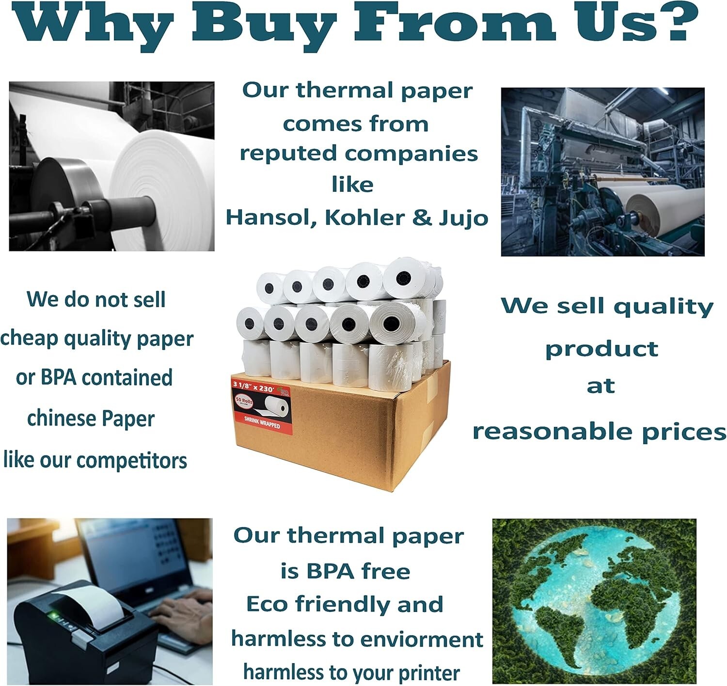 (50 Rolls) 3 1/8 x 230 Thermal Paper Receipt Rolls, Premium Quality German Paper