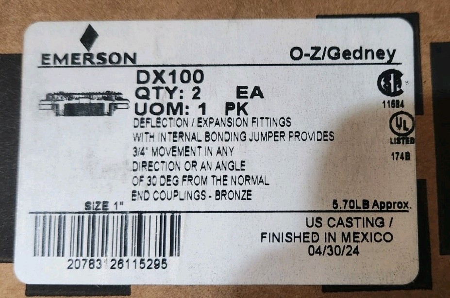 (2-New In Box) O-Z Gedney DX-100, 1″ Expansion Deflection Fitting IMC/Rigid 2pcs