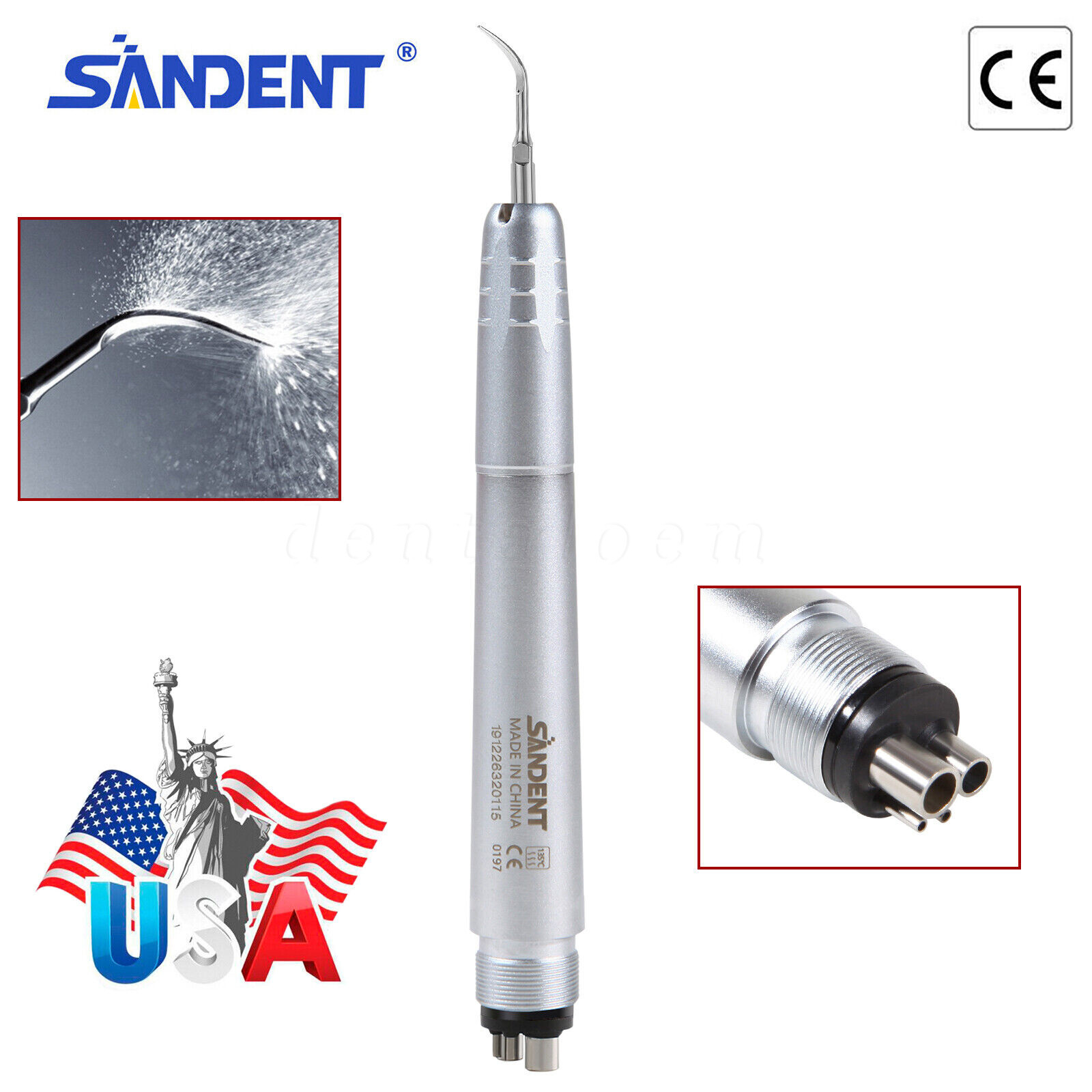 FDA Dental Piezo Air Ultrasonic Scaler 4-Hole Handpiece with 3 Scaler inserts US