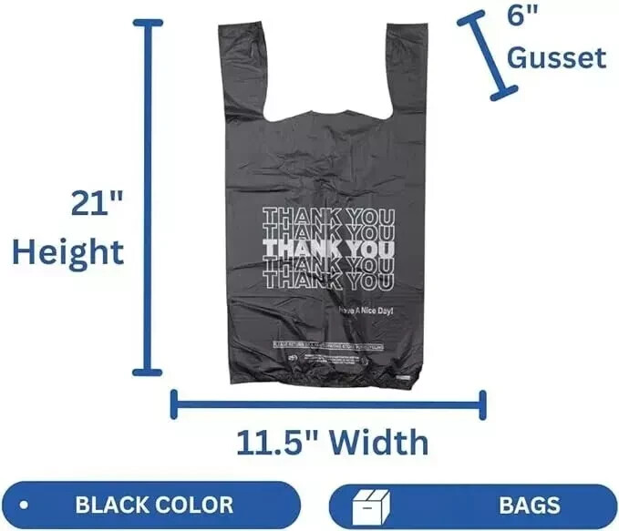 New Large 21 x 6.5 x 11.5 “Thank You” T-Shirt Plastic Grocery Black Bags-1000