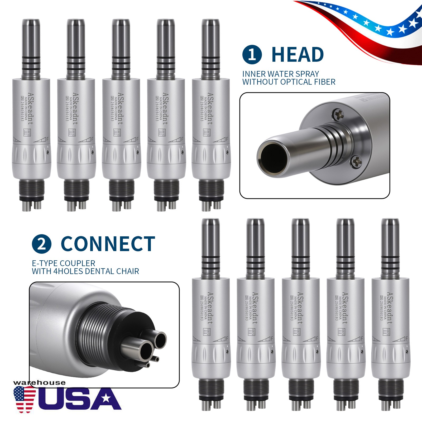 1-10*ASkeadnt Dental Low Speed E-type Air Motor Handpiece 4 Hole Inner channel