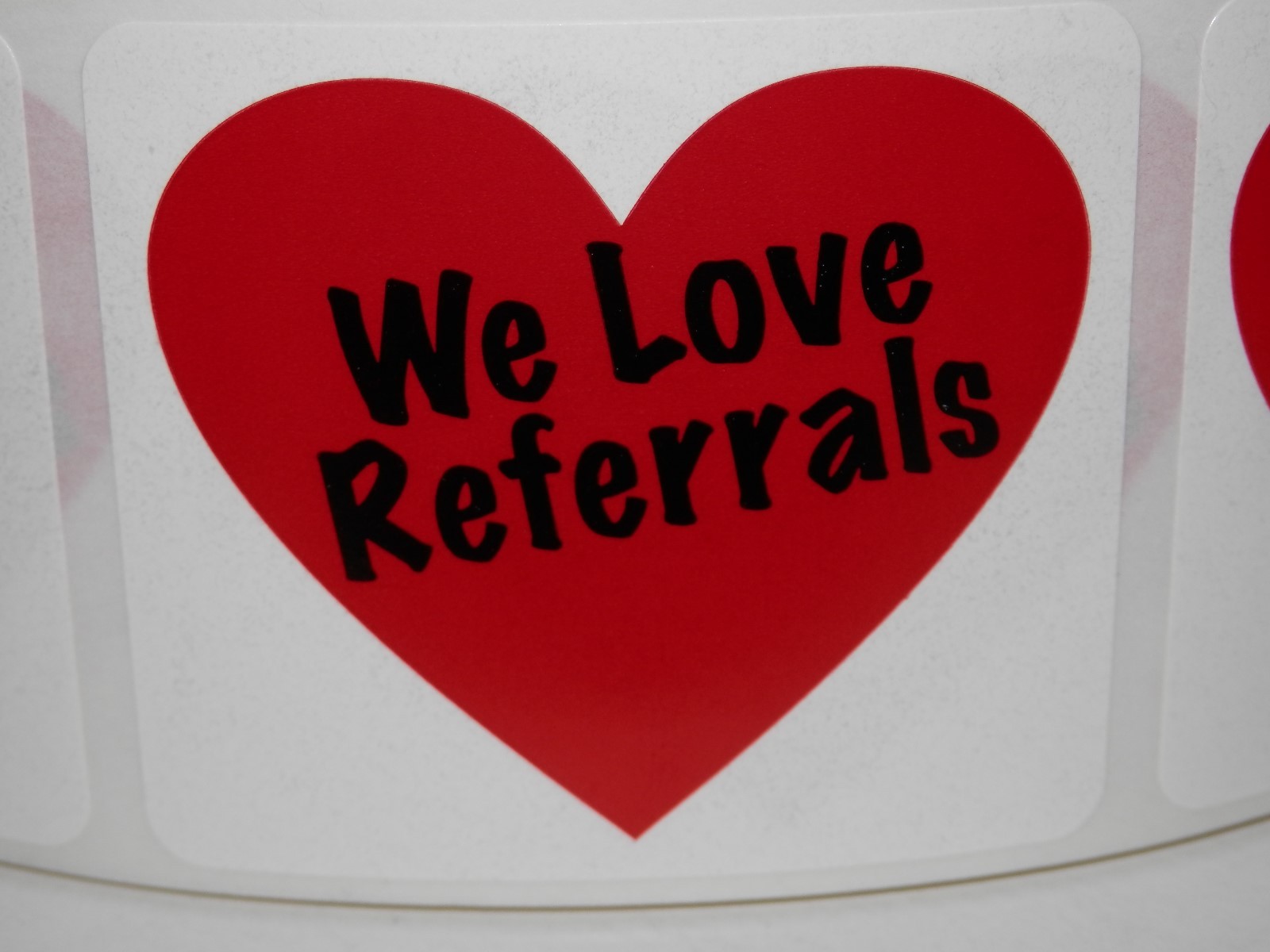 WE LOVE REFERRALS with heart 1.75×2 Stickers Labels 250/rl
