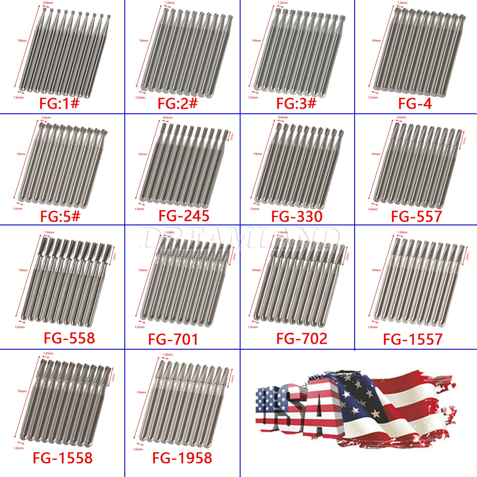10-100Pcs Dental Carbide Burs for High Speed Handpiece Round Cone Bur Diamond FG