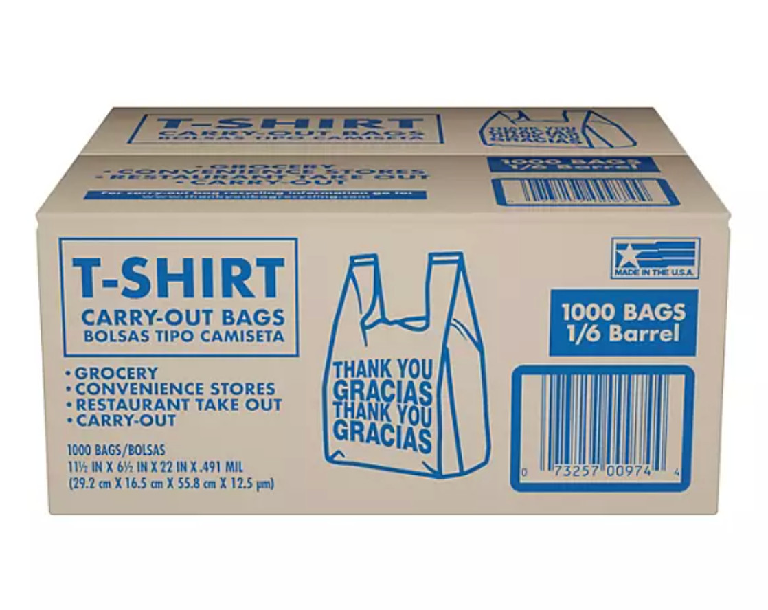T-Shirt Carry-Out Bags, 11.5″ x 6.5″ x 22″ (1,000 ct.)