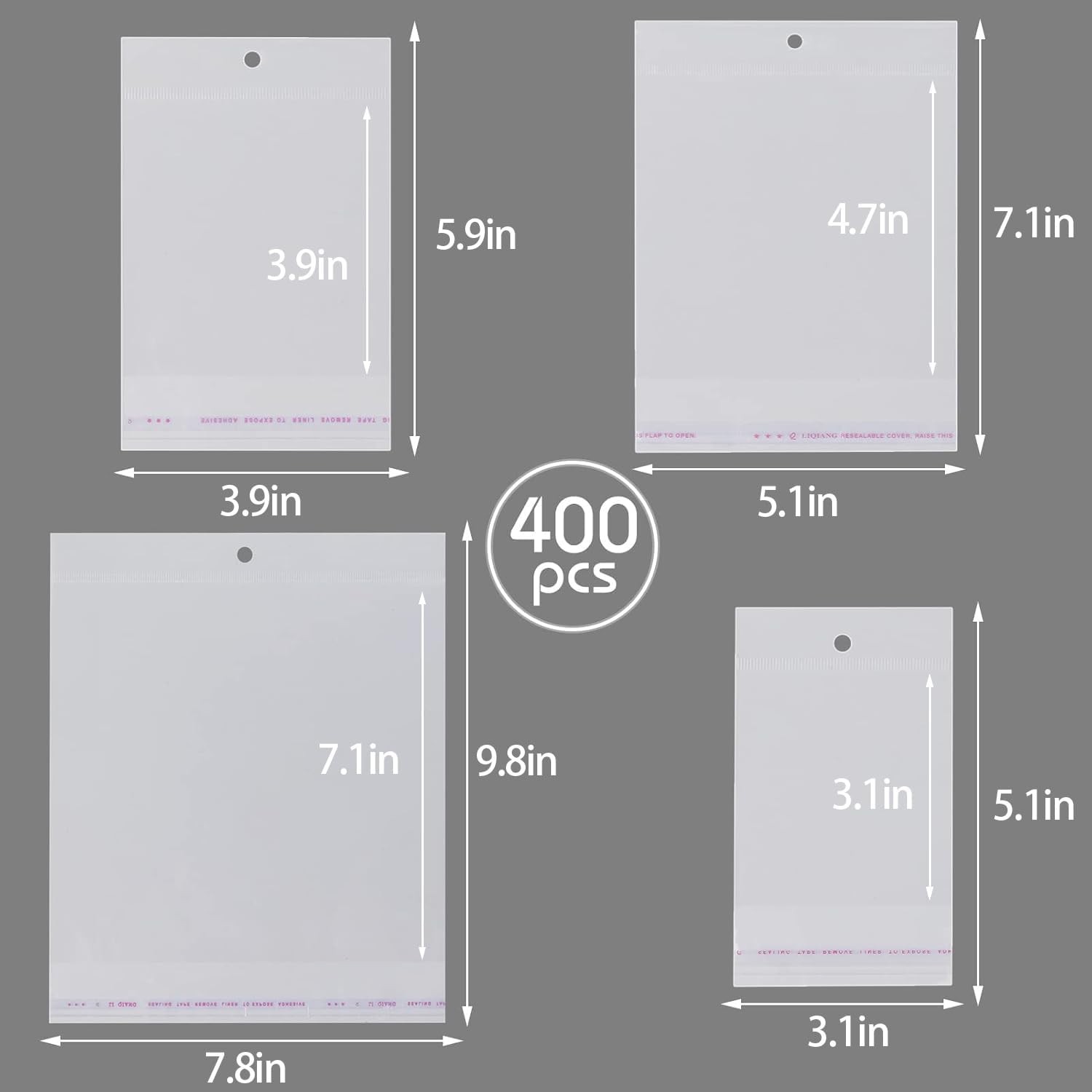 400Pcs Clear Plastic Self Sealing Bags with Hang Hole Resealable Large,