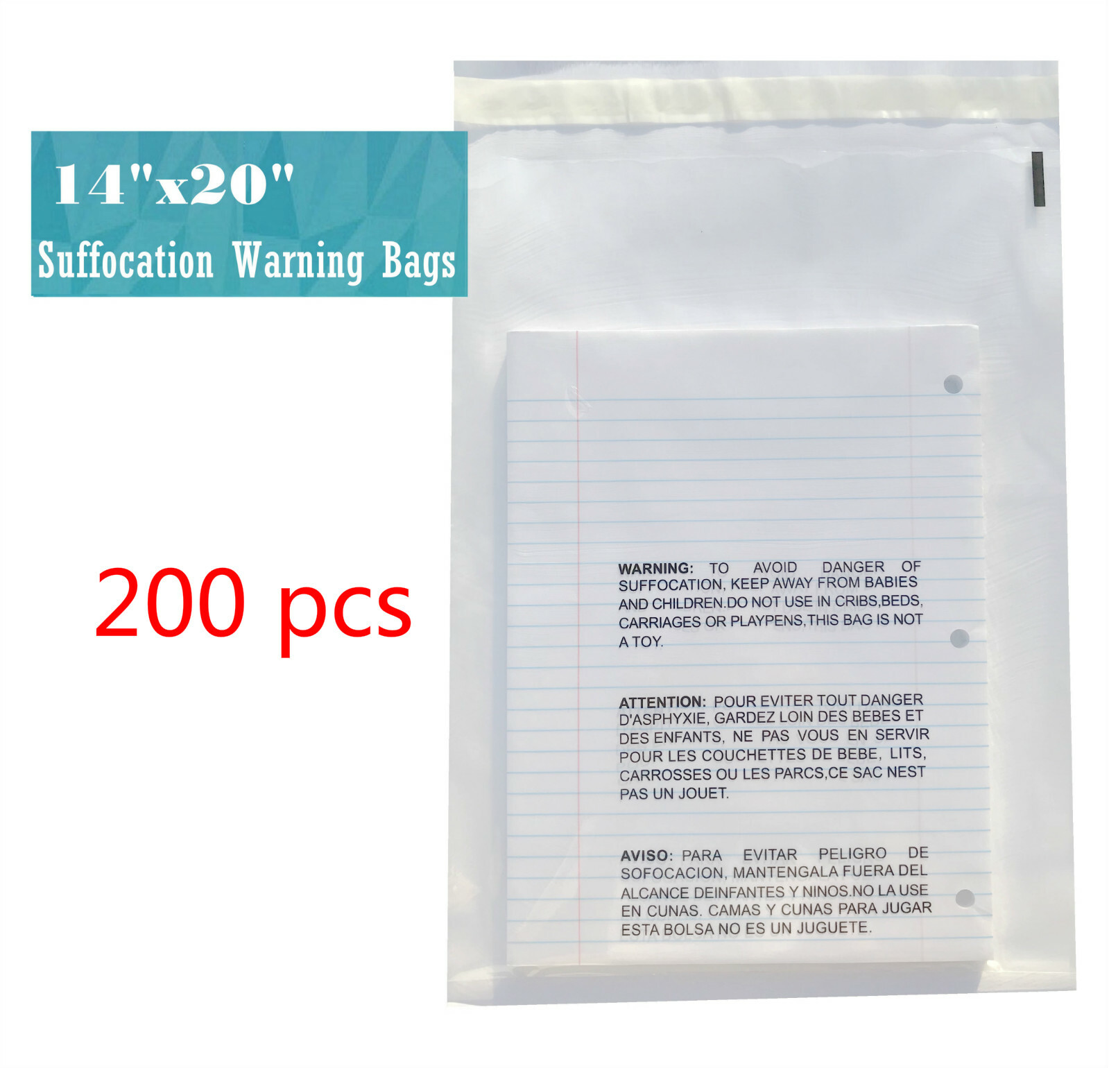 14×20 Clear Suffocation Warning Poly Self Seal Bags -ST ShipMailers