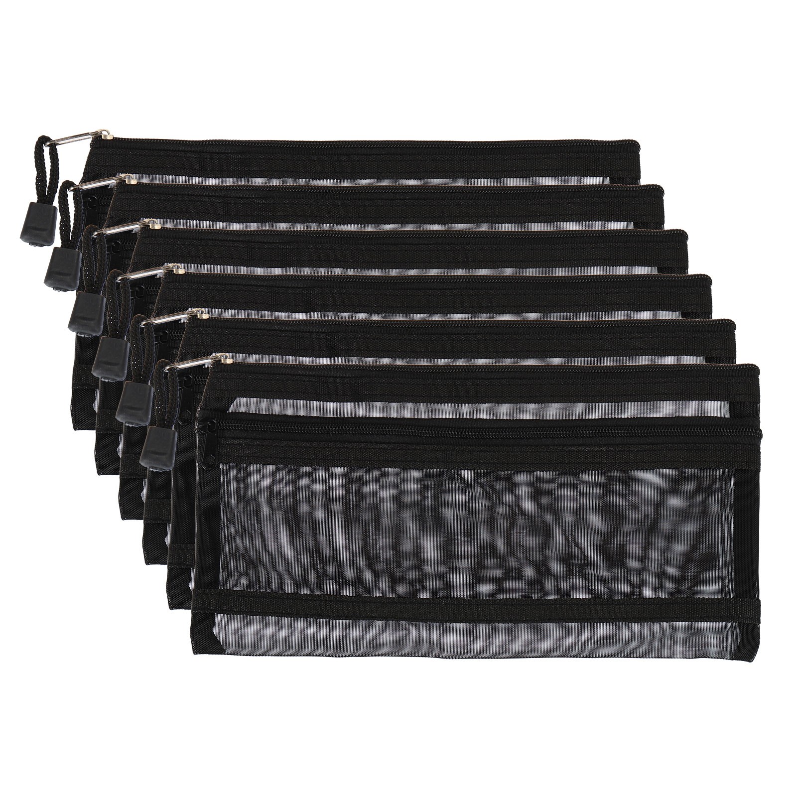 6Pcs Mesh Zipper Bags, B6 Travel Cases Nylon Makeup Pouches, Black