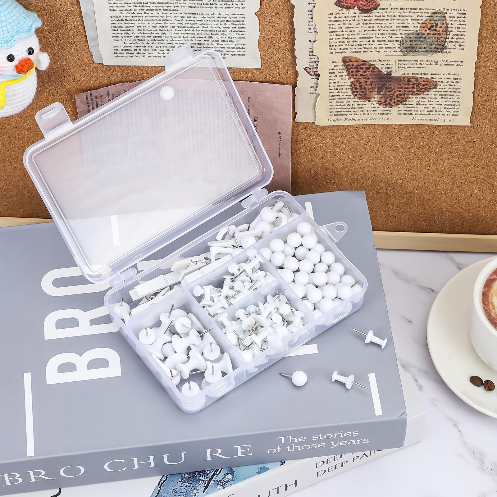 BESARME 200 Pieces Push Pins Set, 5 Types White Thumb Tacks Cute Decorative P…
