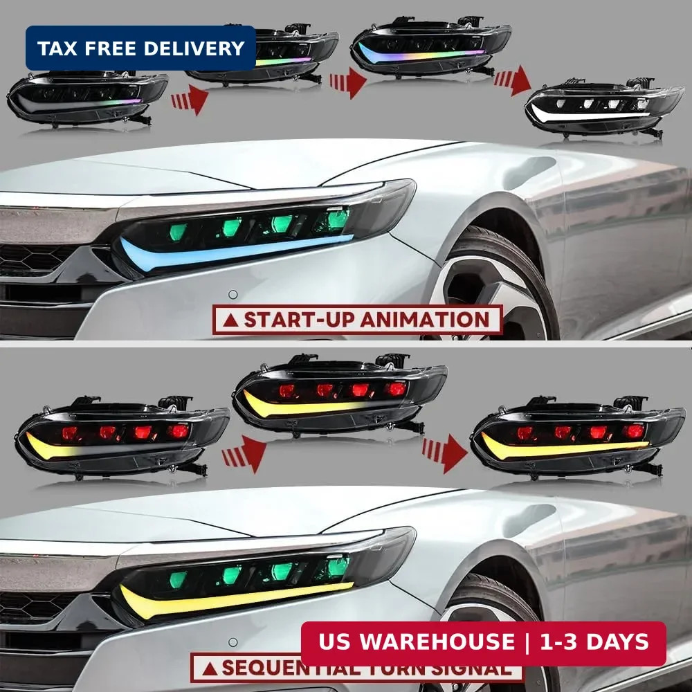 Multicolor Chase LED Headlights for Honda Accord 2018-2022 – Quad Beam Pair