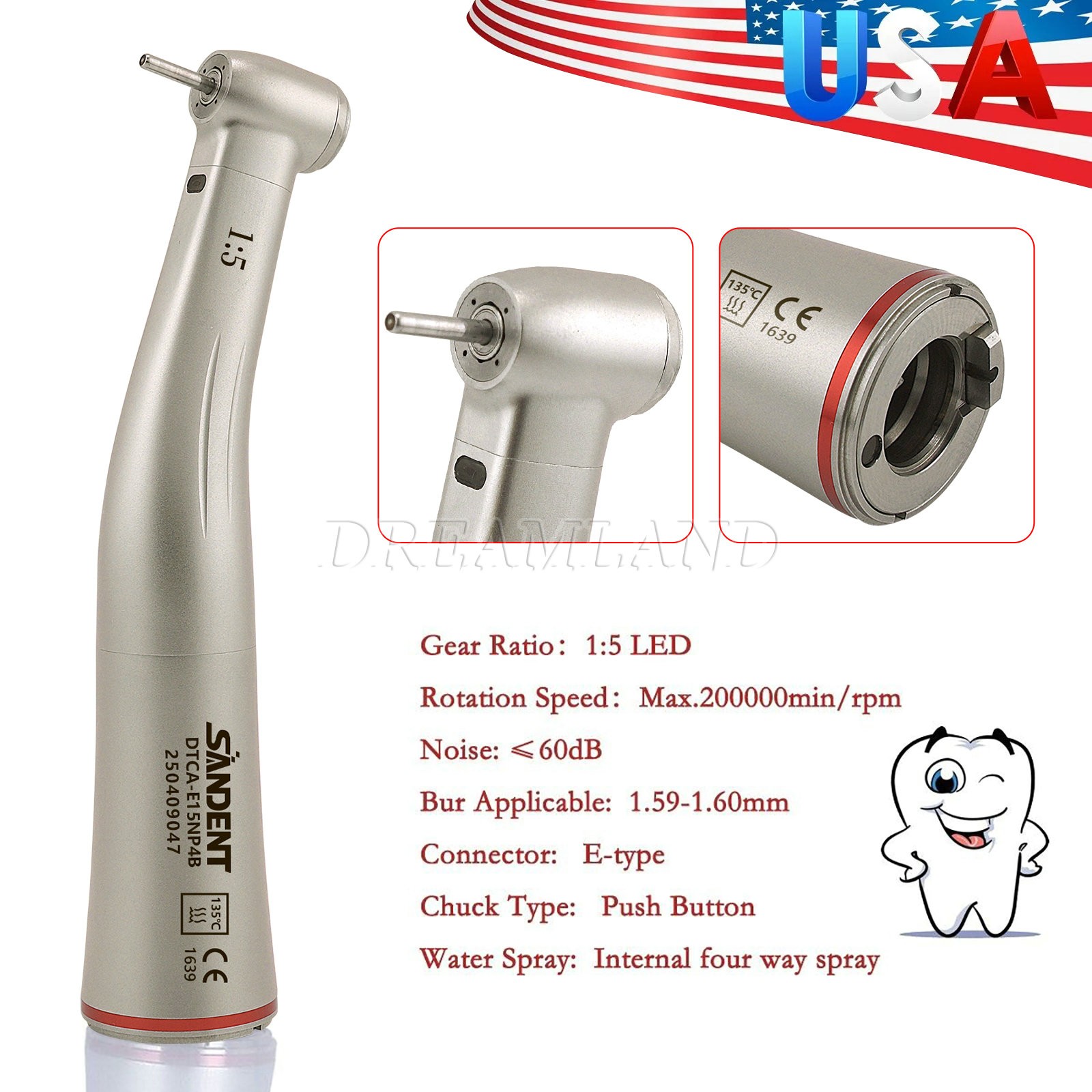 Dental Electric Highspeed Handpiece 1:5 Fiber Optic Contra Angle E-Type SANDENT