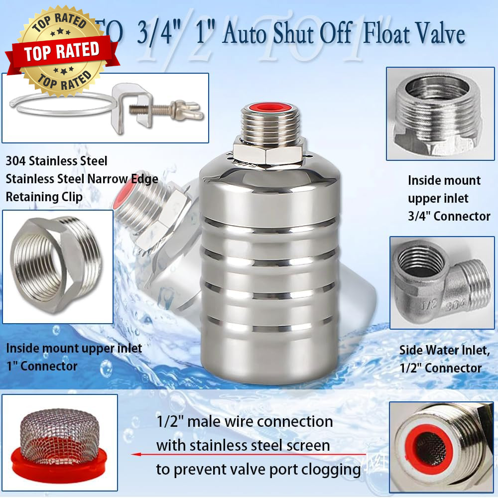 Float Valve,1/2″ to 3/4″ 1” Water Level Control Float Valve, 304 Stainless Stee