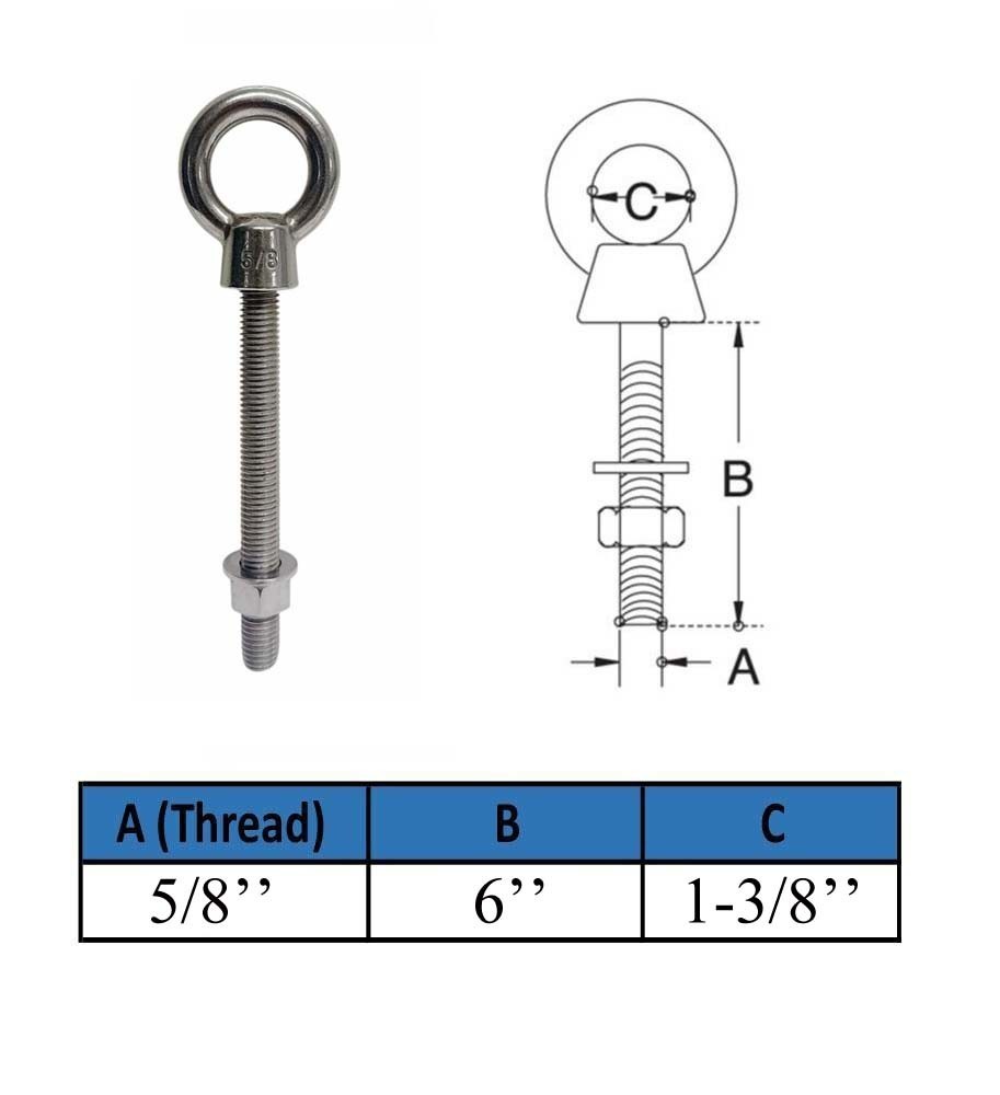 Marine Boat T316 Stainless Steel 5/8″ x 6″ Shoulder Eye Bolt 3,200 Lbs WLL