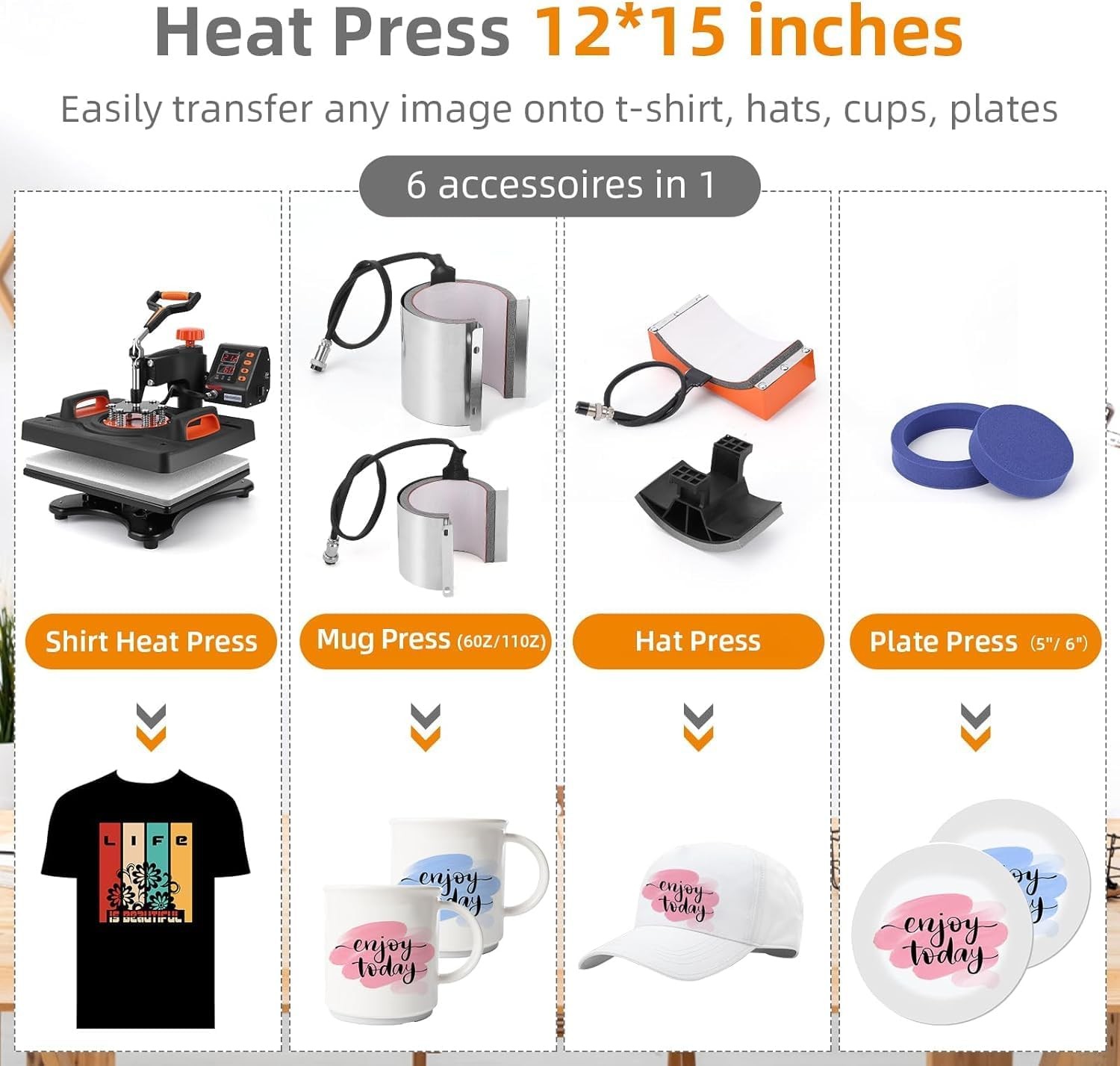 6 in 1 Heat Press Machine Sublimation Printing 12″x15″ For T-Shirt Mug Hat Plate