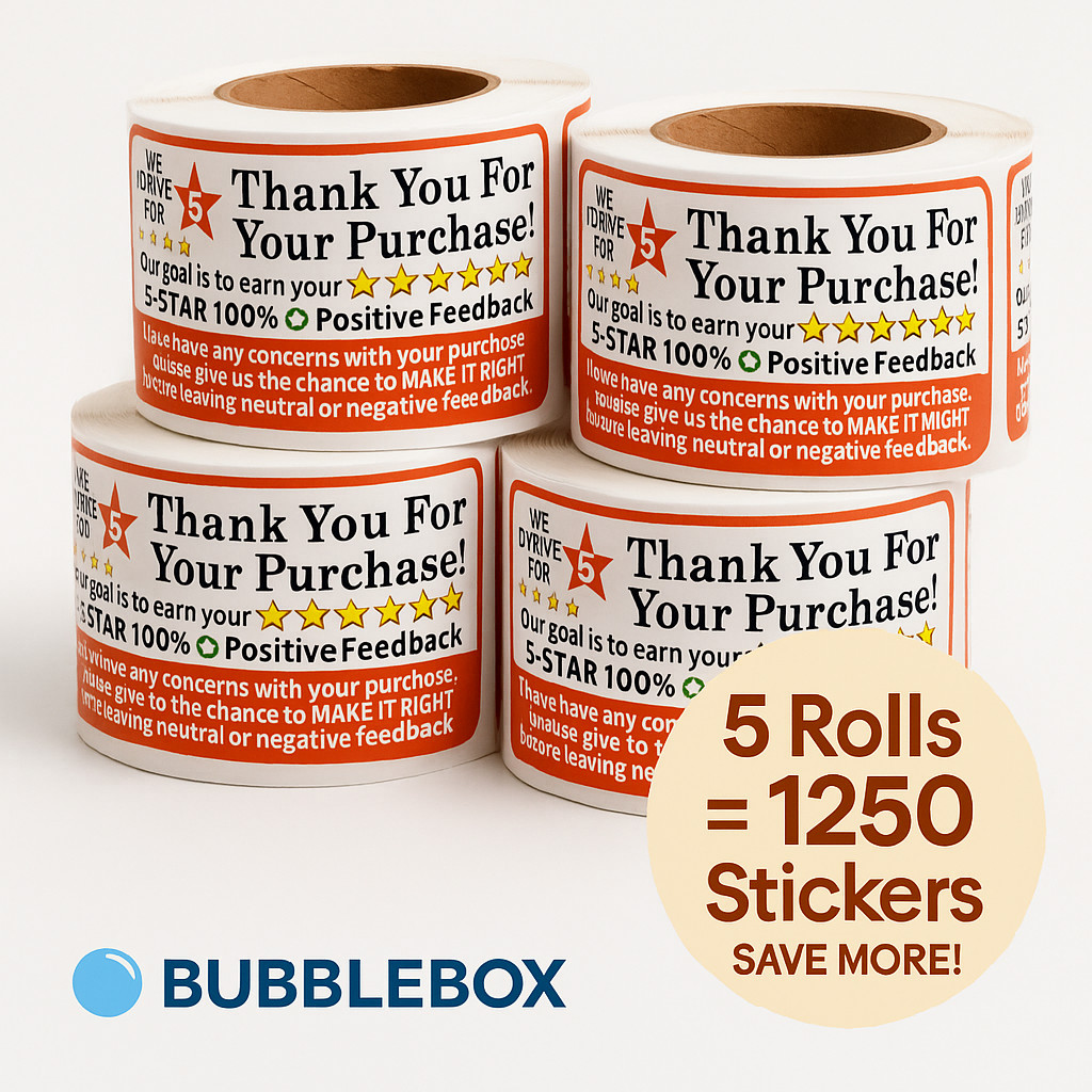 5 Rolls Thank You for Your Purchase Stickers 2″x3″ 250/Roll (1250)