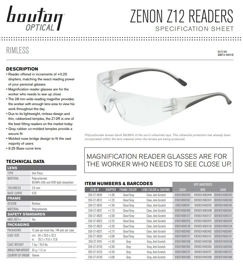 Bouton Zenon Z12R Bifocal Safety Glasses with Clear Lens Multiple Options Z87.1+