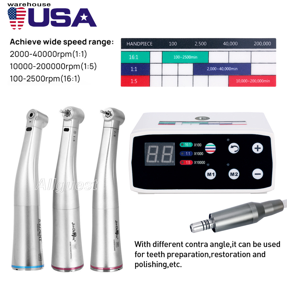 AZDENT Dental Brushless LED Electric Micro Motor 1:1/1:5 Handpiece E-type USA