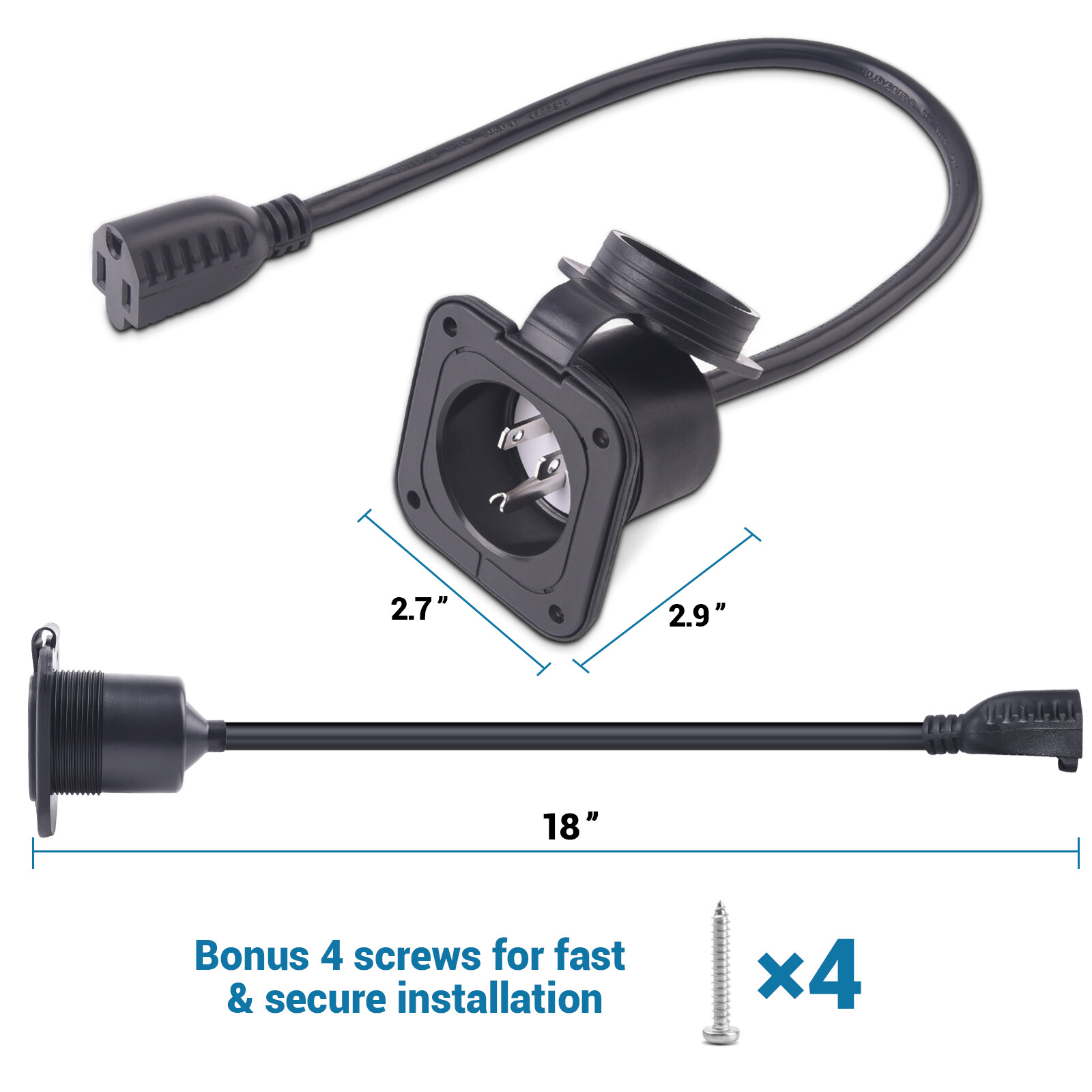 15 Amp 125V AC Power Inlet Port Plug with Integrated 18″ Extension Cord for Boat