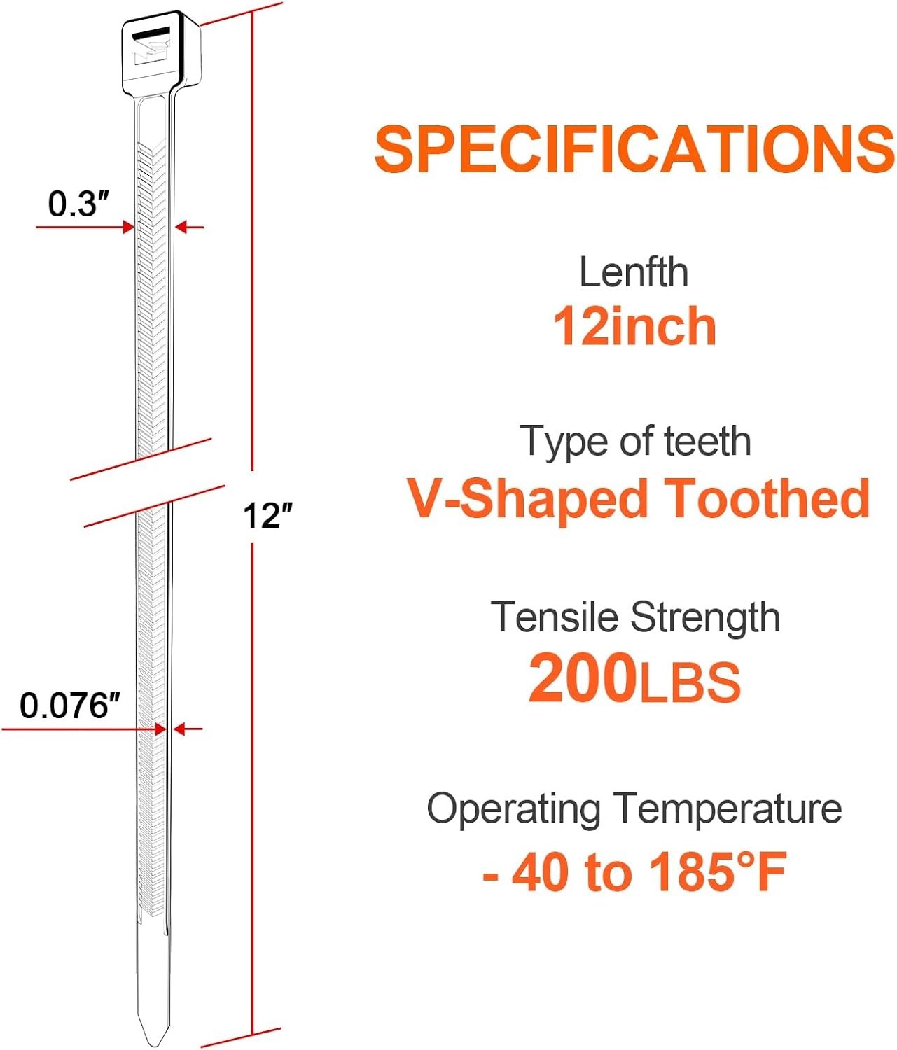 Zip Ties Heavy Duty 12 inch，V-Shaped Toothed Double Sided With 200 LBS Black