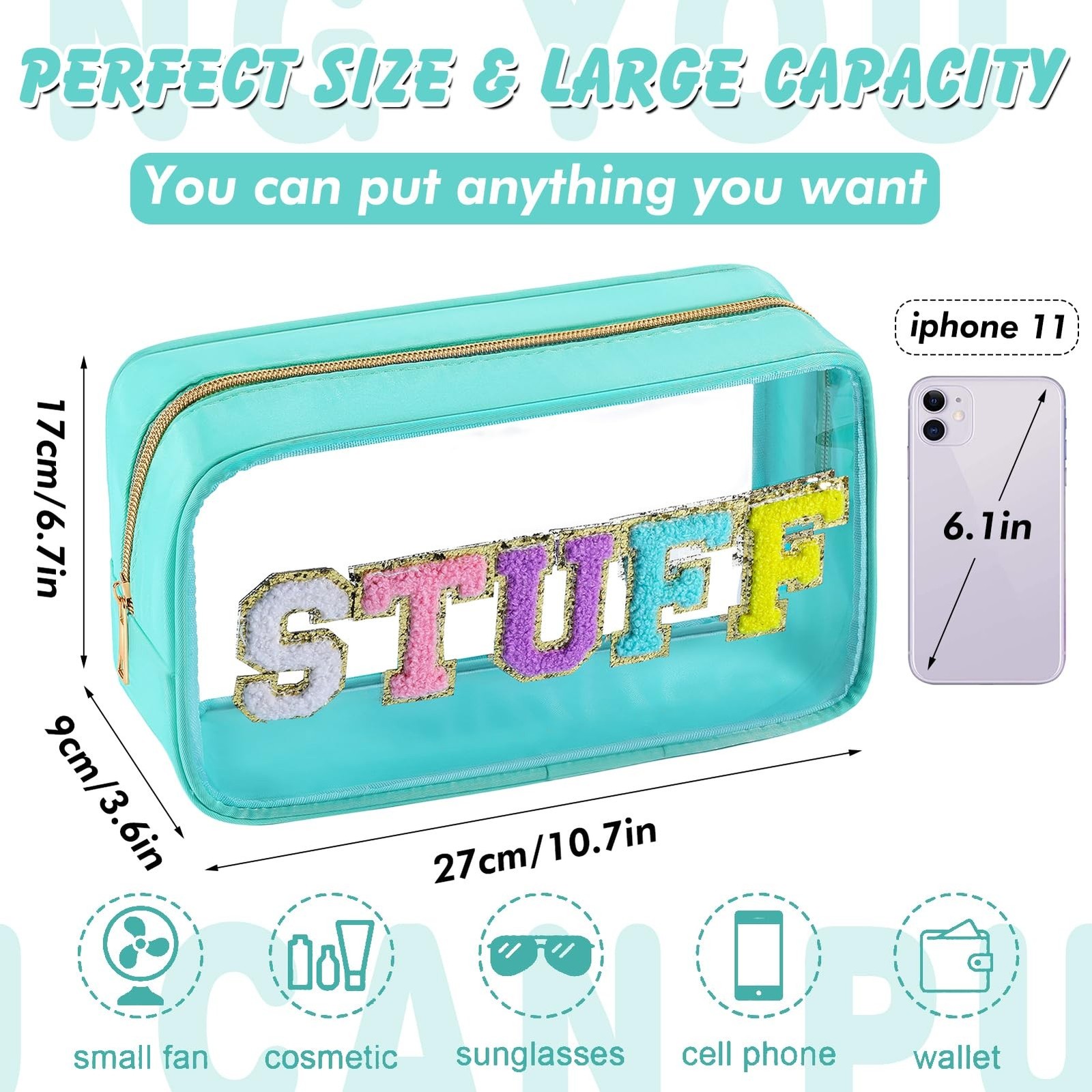 Chenille Letter Clear Makeup Bag Nylon Preppy Patch Stuff Cosmetic Bag with Z…
