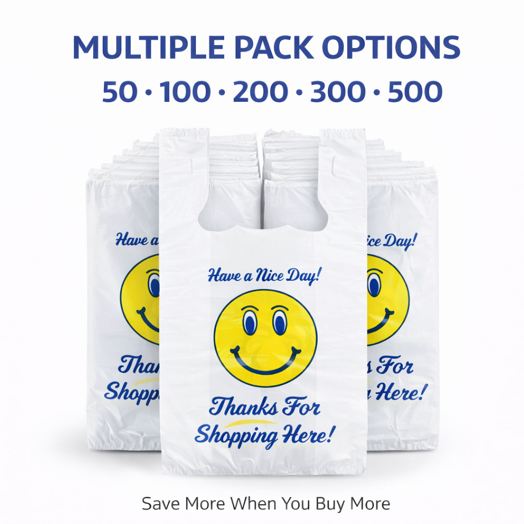 Bags Heavy Duty 1/6 21 x 6.5 x 11.5 Happy Face T-Shirt Plastic Grocery Shopping
