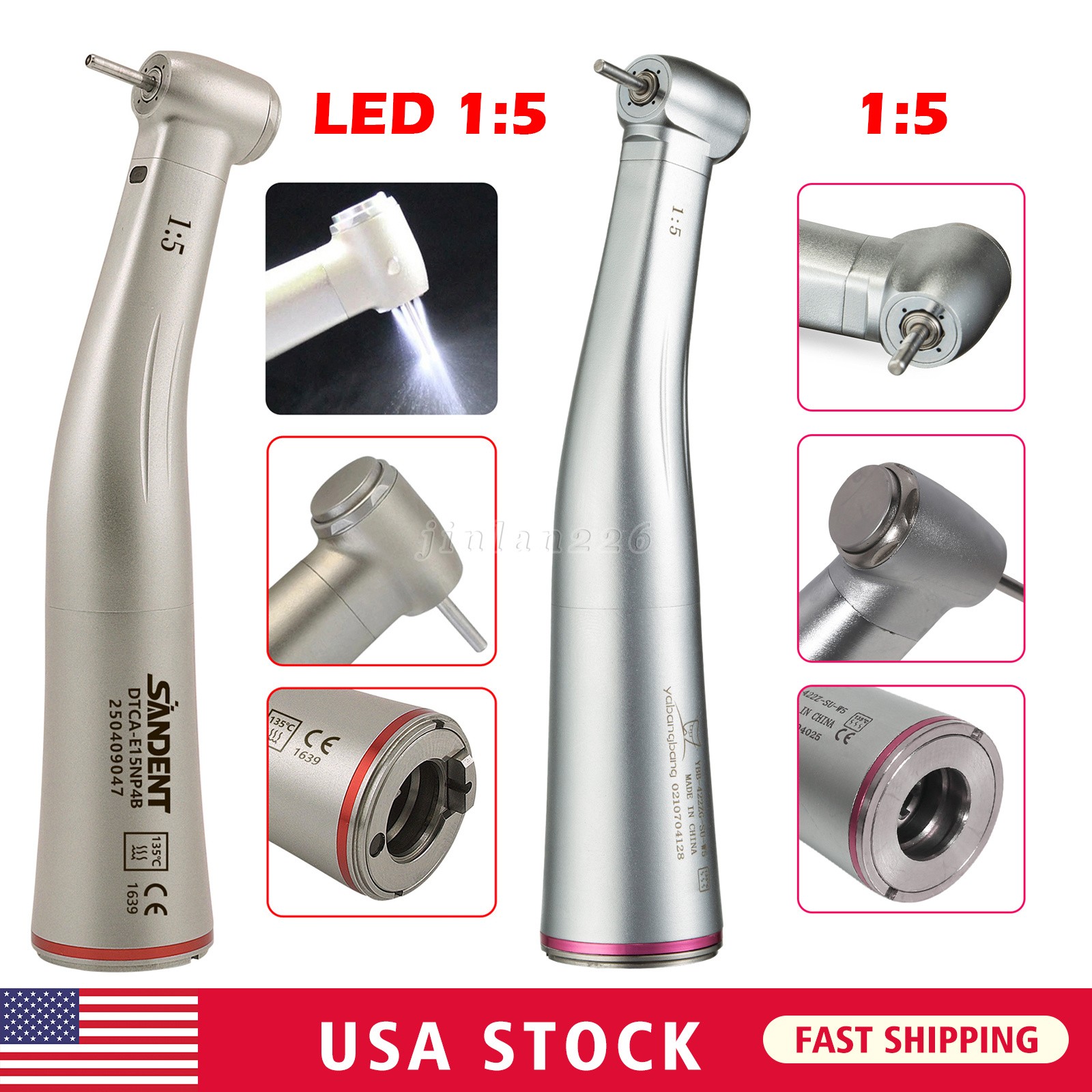 Dental 1:5 LED Fiber Optic Contra Angle Handpiece Red Ring fit NSK Ti-MAX X95L