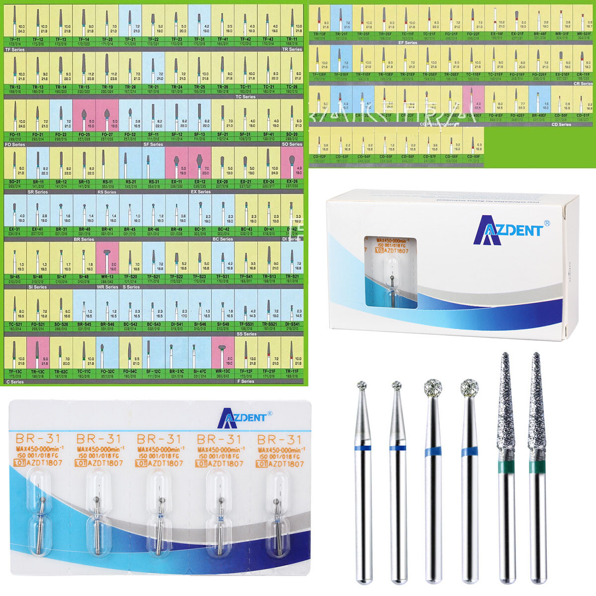 AZDENT 100Type Dental Diamond Burs FG Drill F High Speed Handpiece 1.6mm 5pc/PK