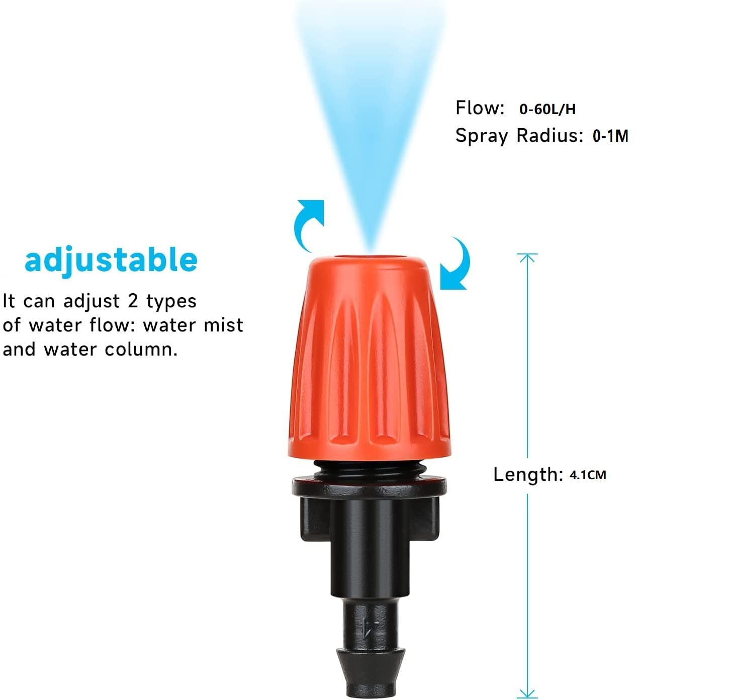 50 Pcs Drip Irrigation Spray Emitters, Adjustable Atomizing Single Barb