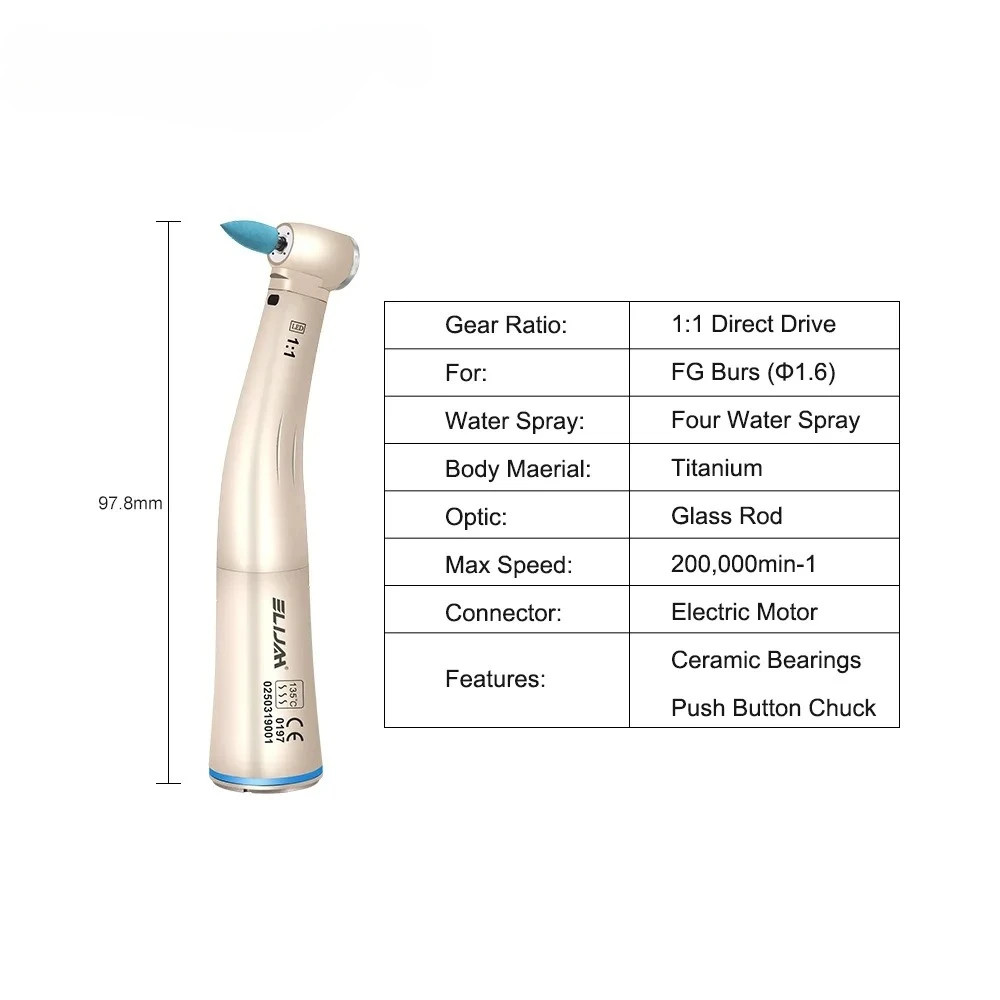 Dental Low Speed Handpiece Fiber Optic 1:1 Contra Angle Handpiece With LED Light