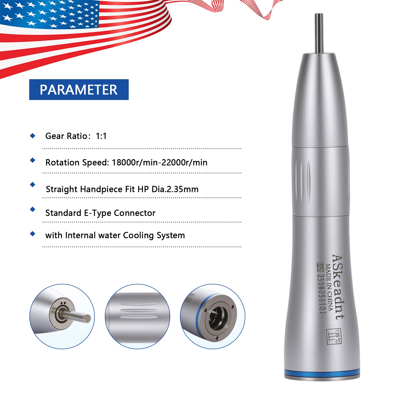 1-10 Dental Internal Water Spray Straight Nosecone Low Speed Handpiece ASkeadnt