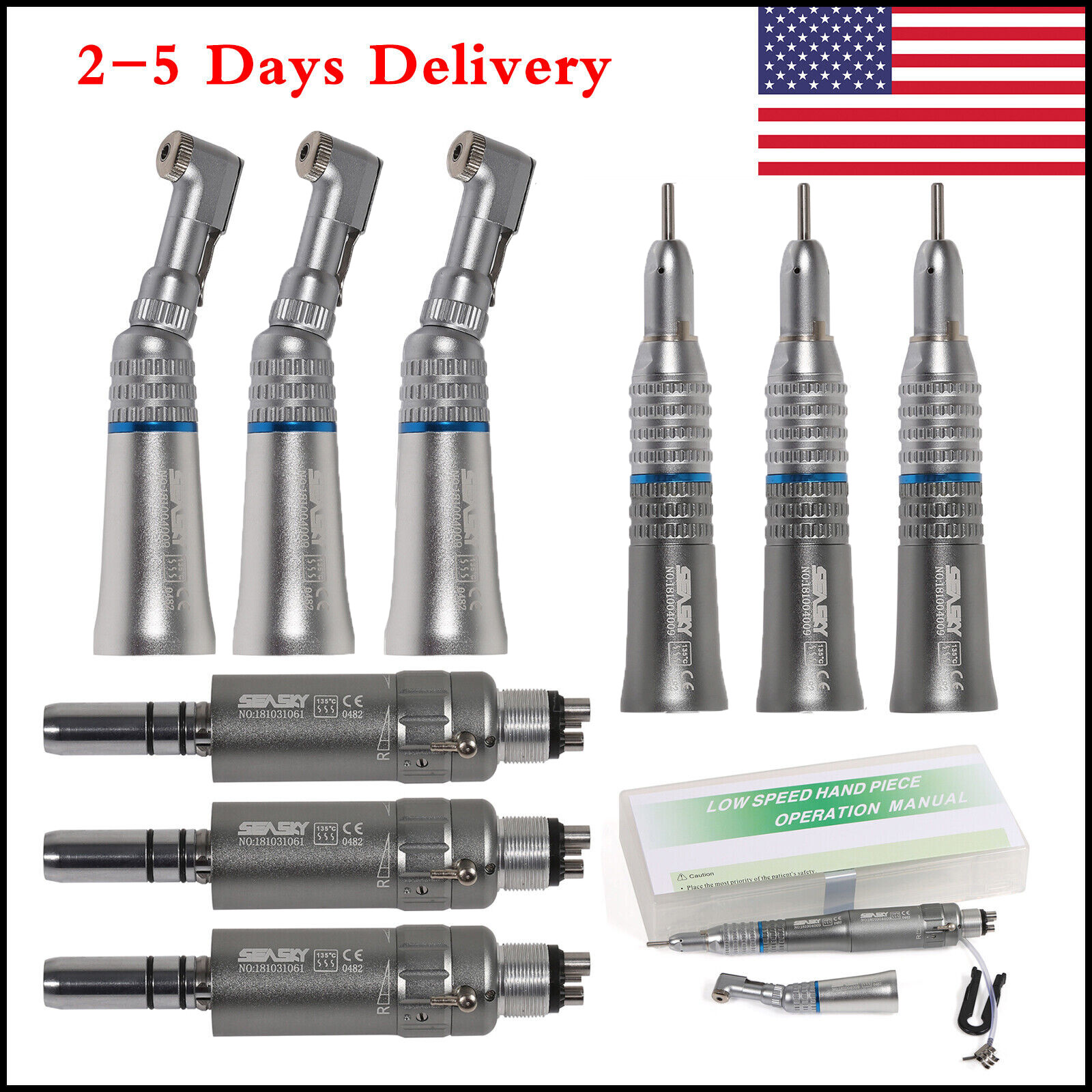 Dental Slow Speed Handpiece 4-Hole Contra Angle Straight Air Motor Kit Latch