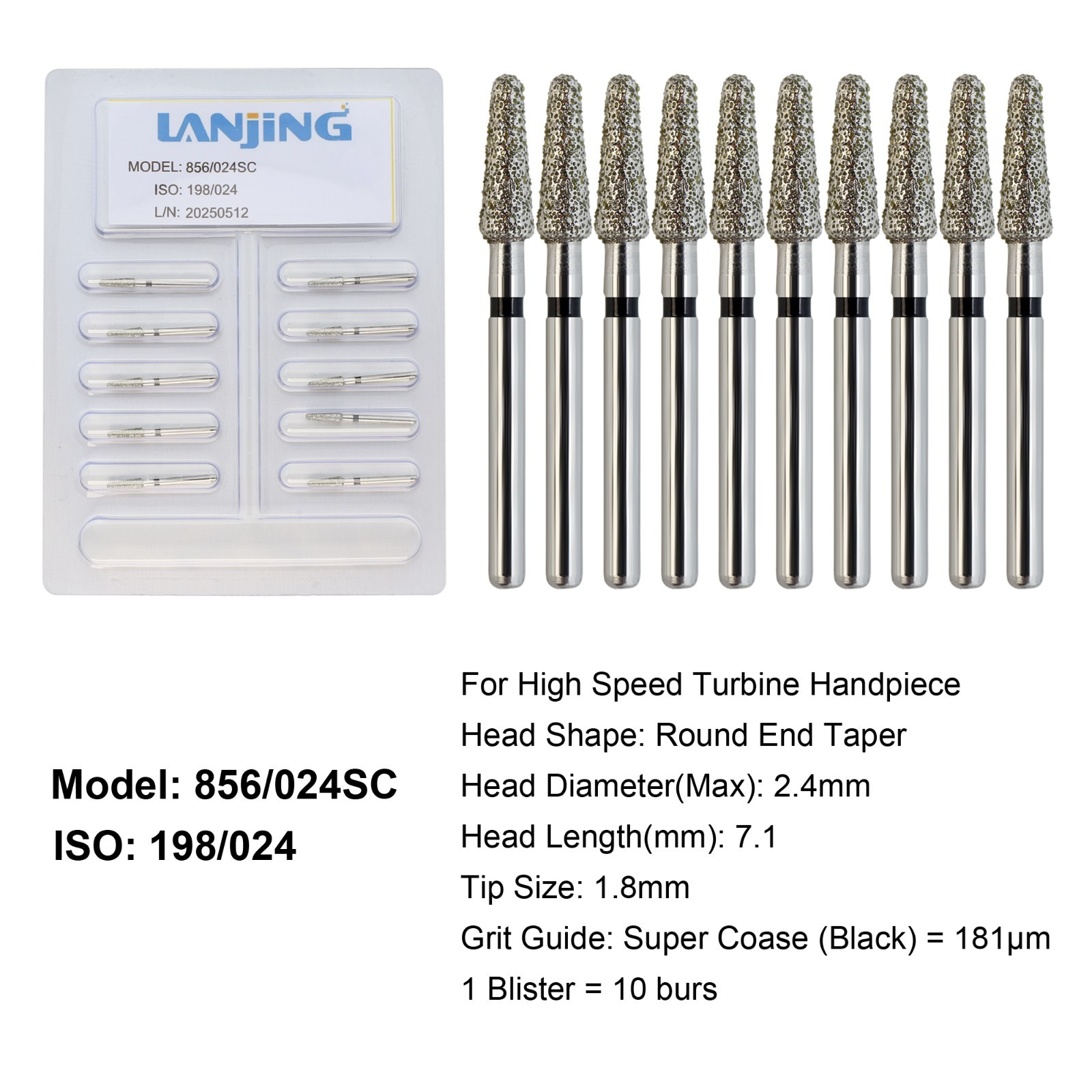 Dental Diamond Burs Round End Taper Diamond Bur Coarse Fine FG High Speed 856