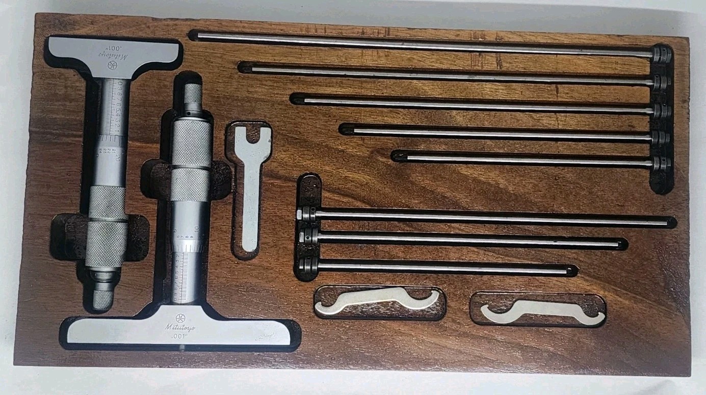 Mitutoyo Depth Gauges 0-6″ Set In Custom Wood Holder 2-3/8″ & 4″ Bases