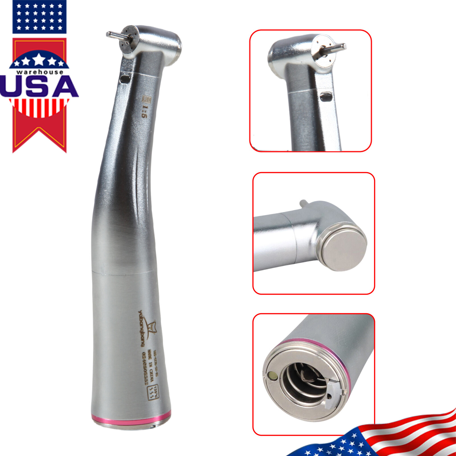 NSK Ti-MAX X95L Style Dental 1:5 LED Fiber Optic Contra Angle Handpiece Red Ring