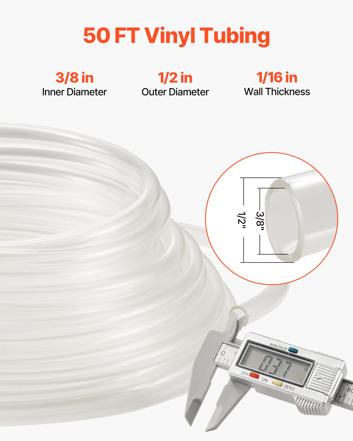 VEVOR Clear Vinyl Tubing 3/8″ ID x 1/2″ OD 50FT Plastic PVC Tubing Flexible Hose