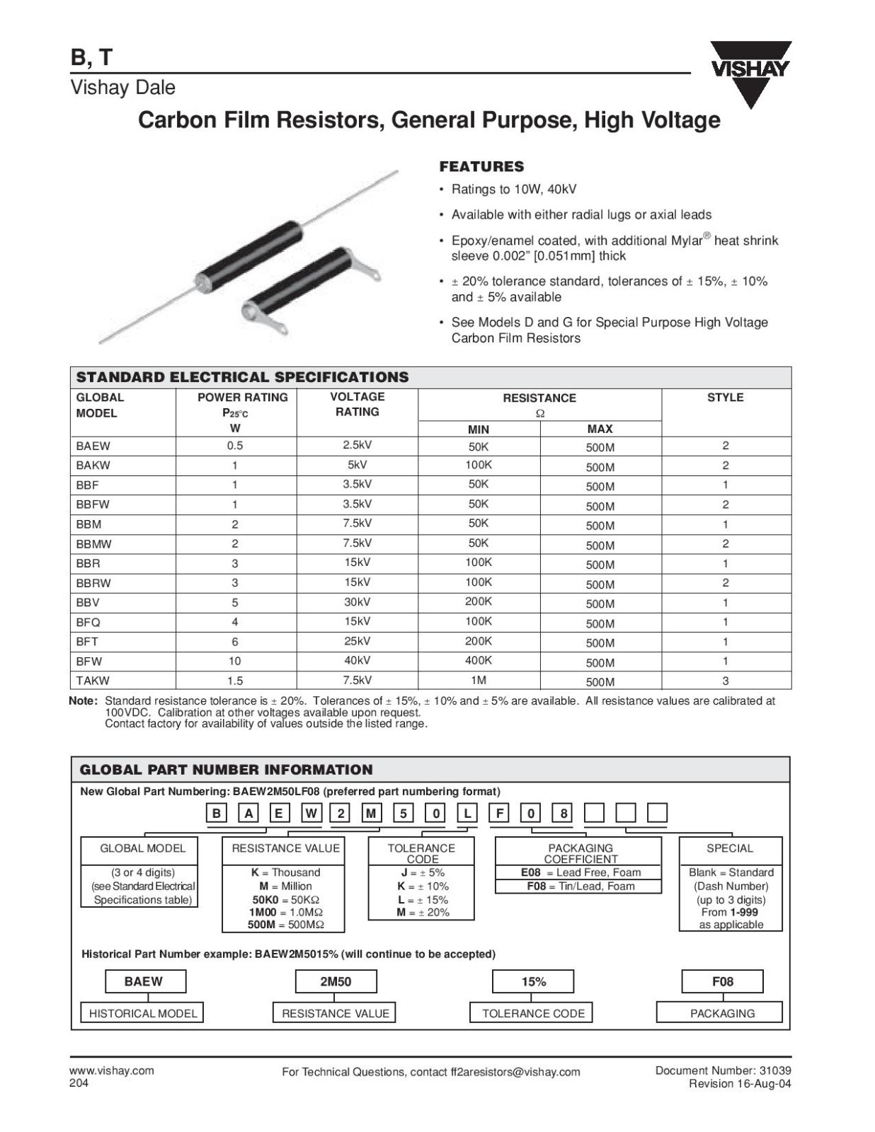 5 Pcs, Resistor, High Voltage, Axial, 100M Ohms, 3.5kV, 1W, Vishay, BBFW100MKF08