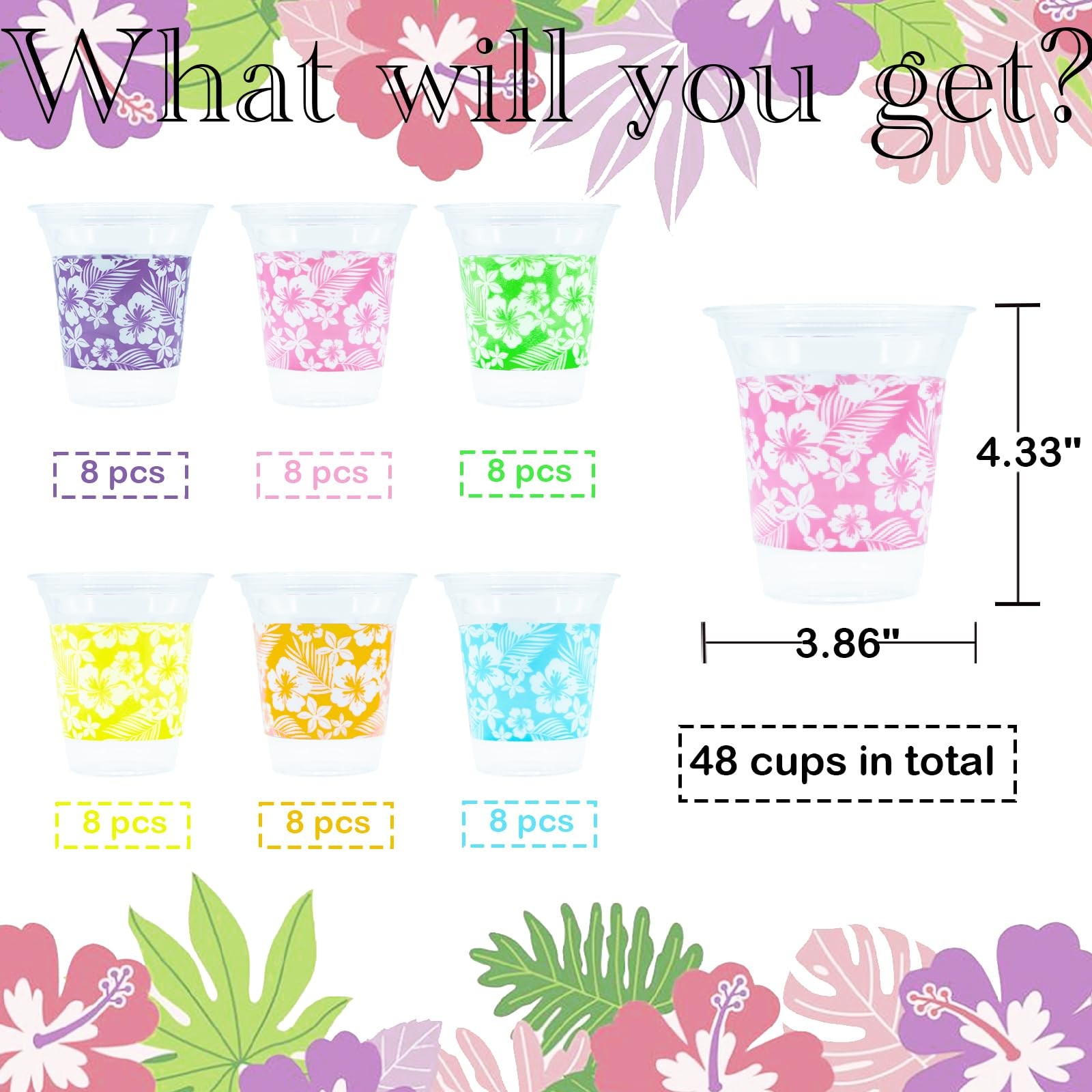 48 Pack 14 OZ Hawaiian Luau Plastic Cups Tropical Party Disposable Aloha Cup