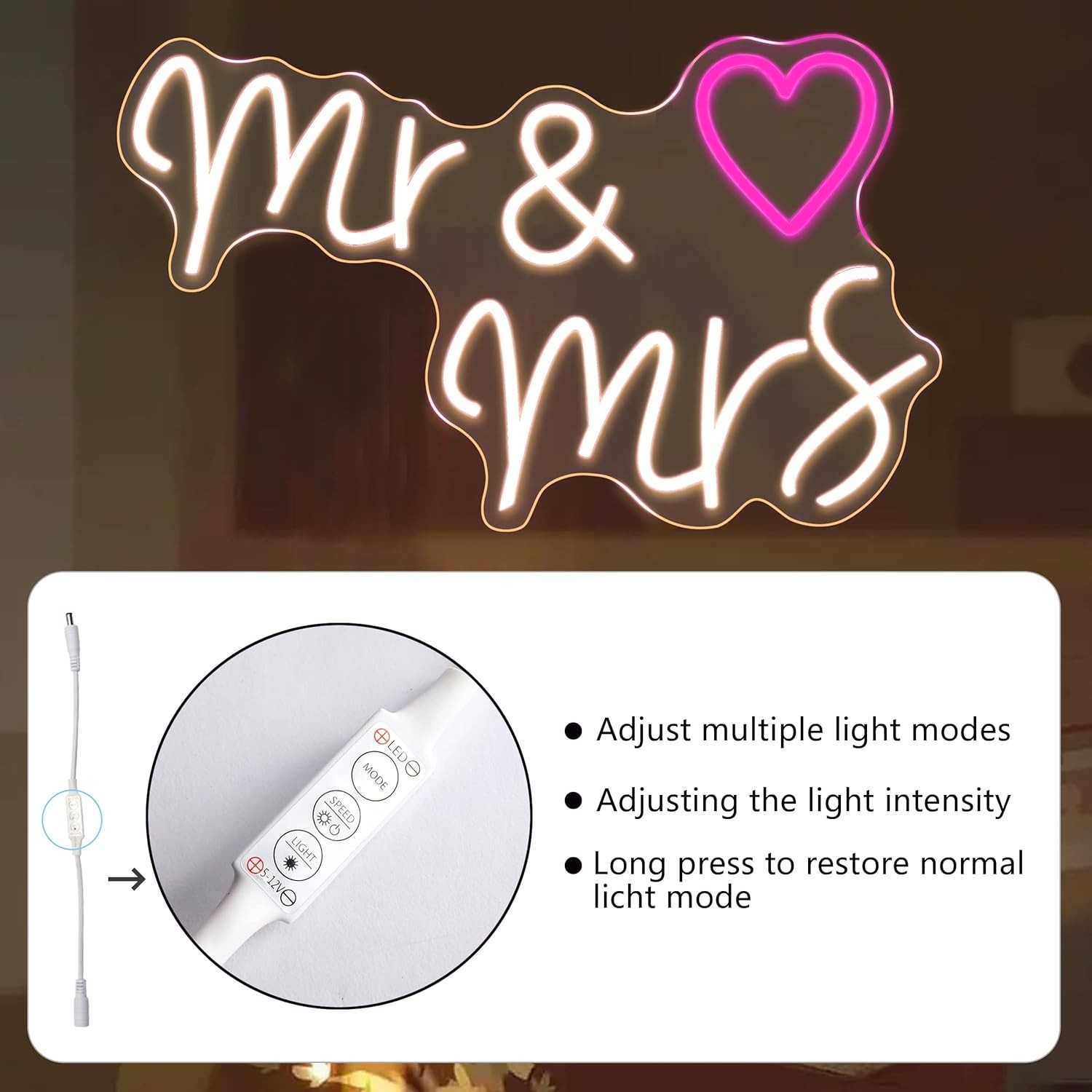 Led Neon Sign “Mr & Mrs” Heart 23″ x14″ Large 110V Wall Decor Wedding Party