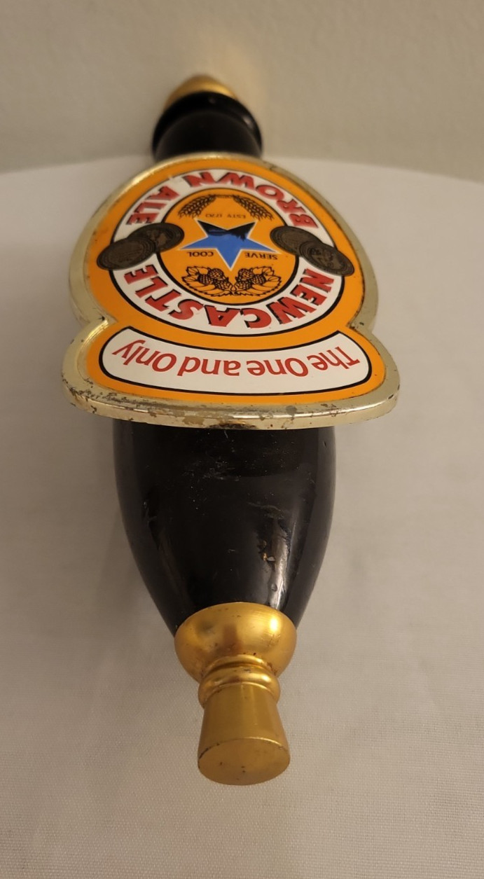 Vtg Newcastle Brown Ale Beer Tap Screw On Handle The One and Only Wood 11.5 IN