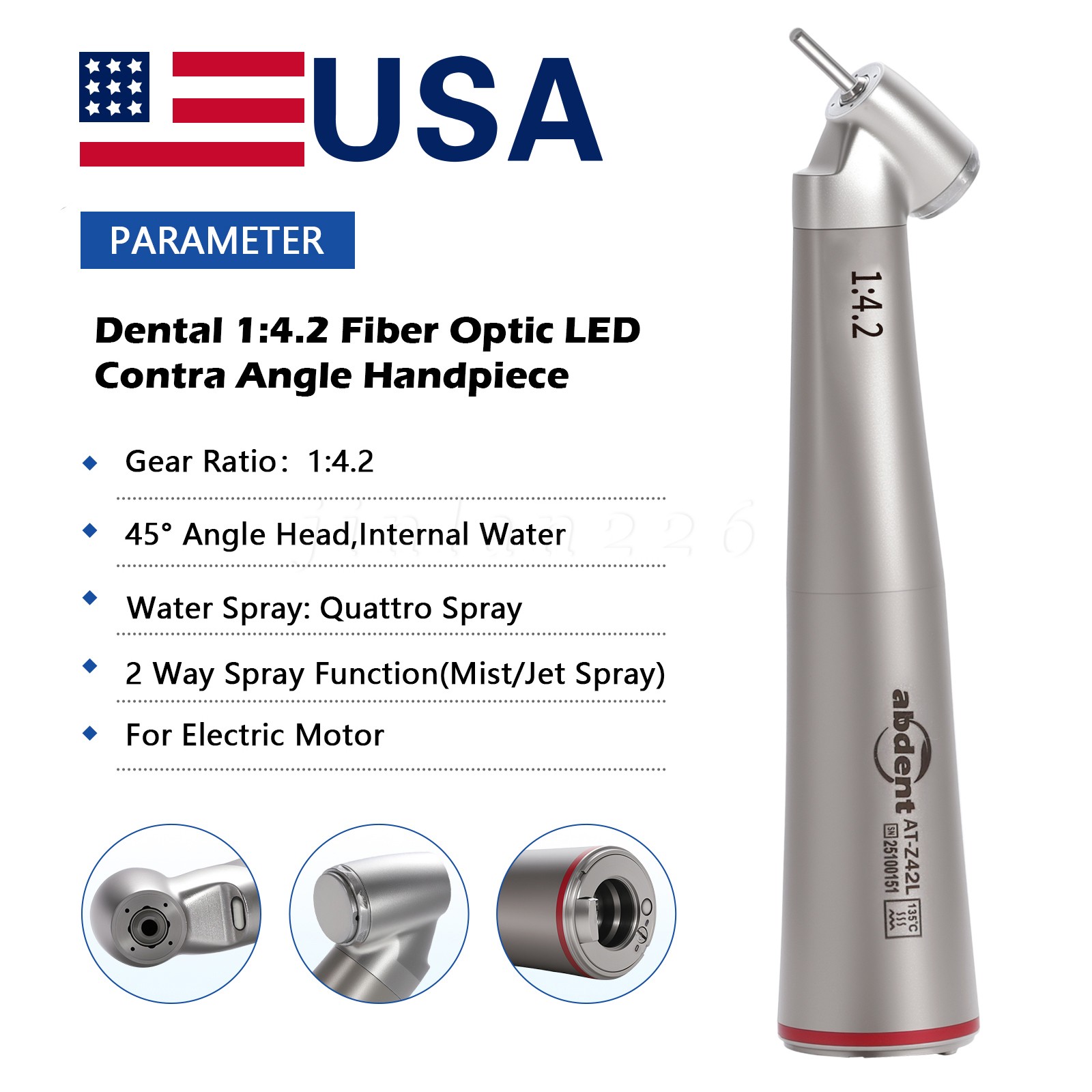 Dental 45° Angle Surgical Handpiece Electric 1:4.2 Mist Jet Spray NSK TiMax Z45L