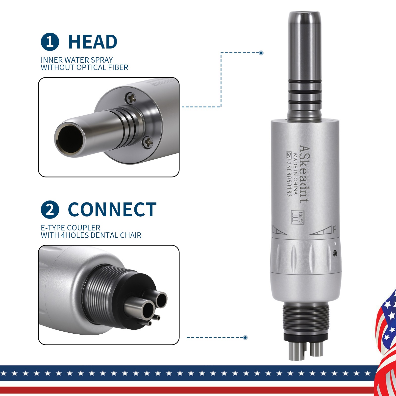 1-10*ASkeadnt Dental Low Speed E-type Air Motor Handpiece 4 Hole Inner channel
