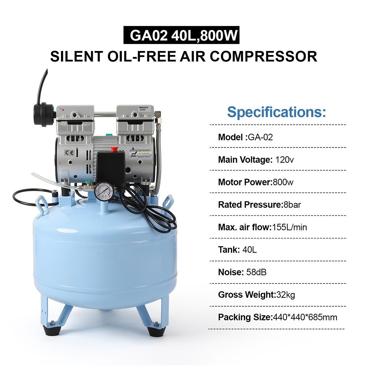 Dental Oil-Free Air Compressor 800W 40L Tank 58dB Ultra-Quiet Operation