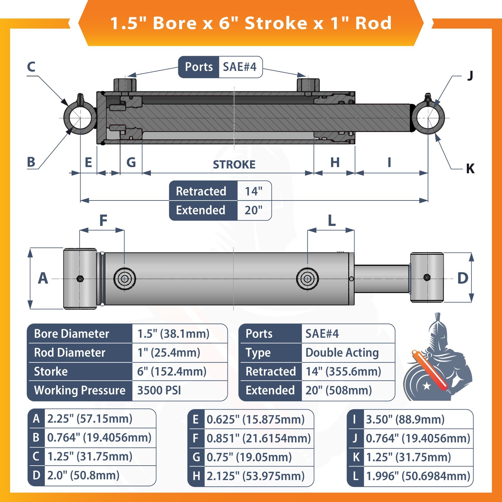 1.5×6 Hydraulic Cylinder-1.5″ Bore, 6″ Stroke -Welded Cross Tube Cylinder(new)