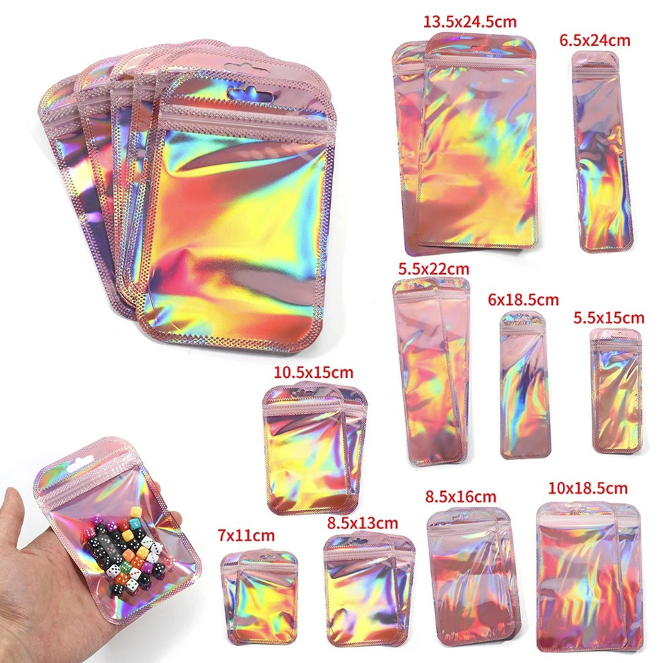 50pcs Iridescent Zip Lock Bags Holographic Self-Sealing Packaging Pouches – NEW