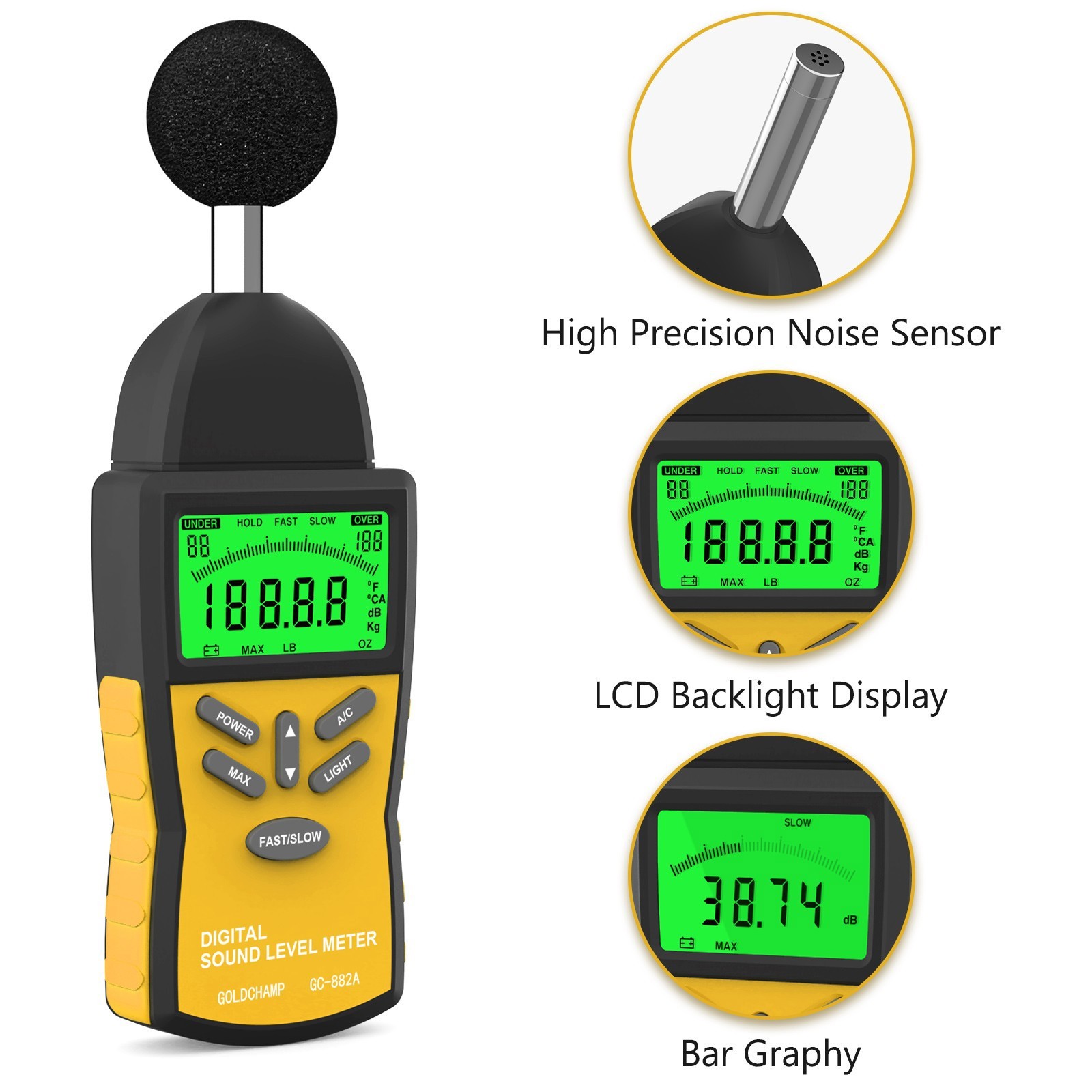 Digital Sound Level Meter 30-130DB Noise Volume Decibel Tester A/C Fast/Slow US