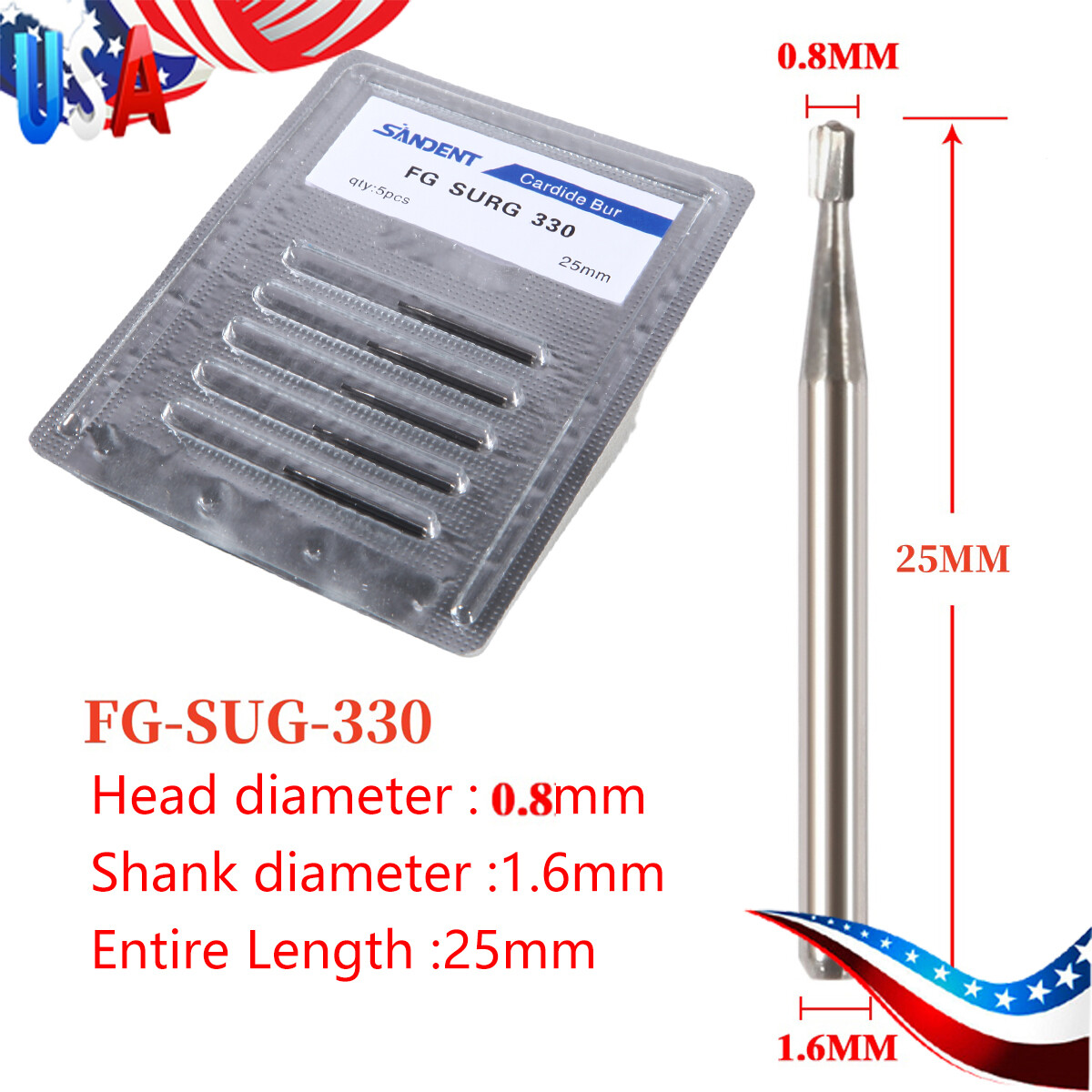 FG # 330 Dental Surgical Carbide Burs 25mm (100pcs=10 Packs)